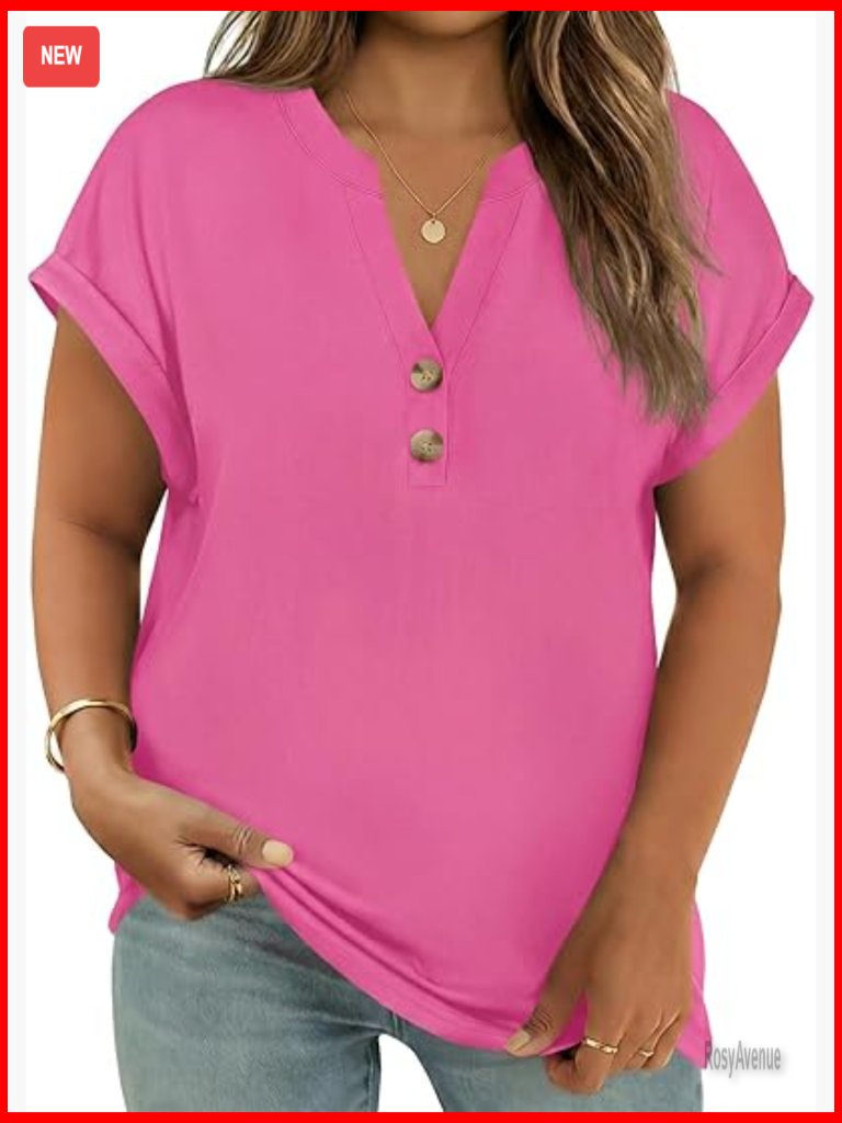Plus Size Short Sleeve Henley Top Button V Neck Blouses Tunic Shirts